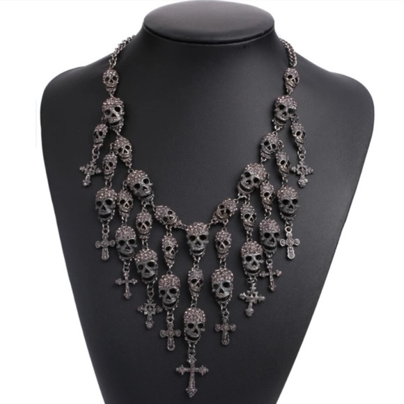 Jewelry - Skull Cross Goth Bib Statement Necklace Crystals